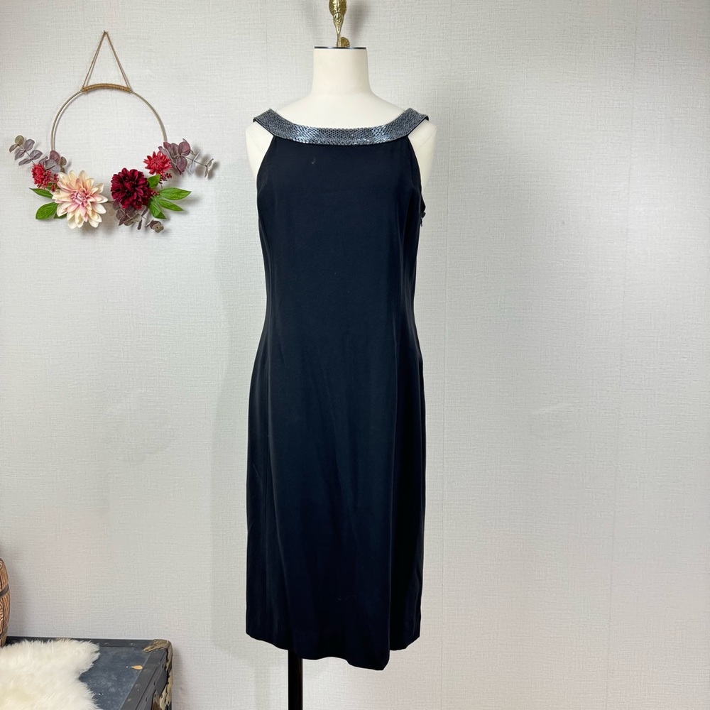 LAUREN RALPH LAUREN BLACK MIDI DRESS with Embellished Beads Neckline size 6